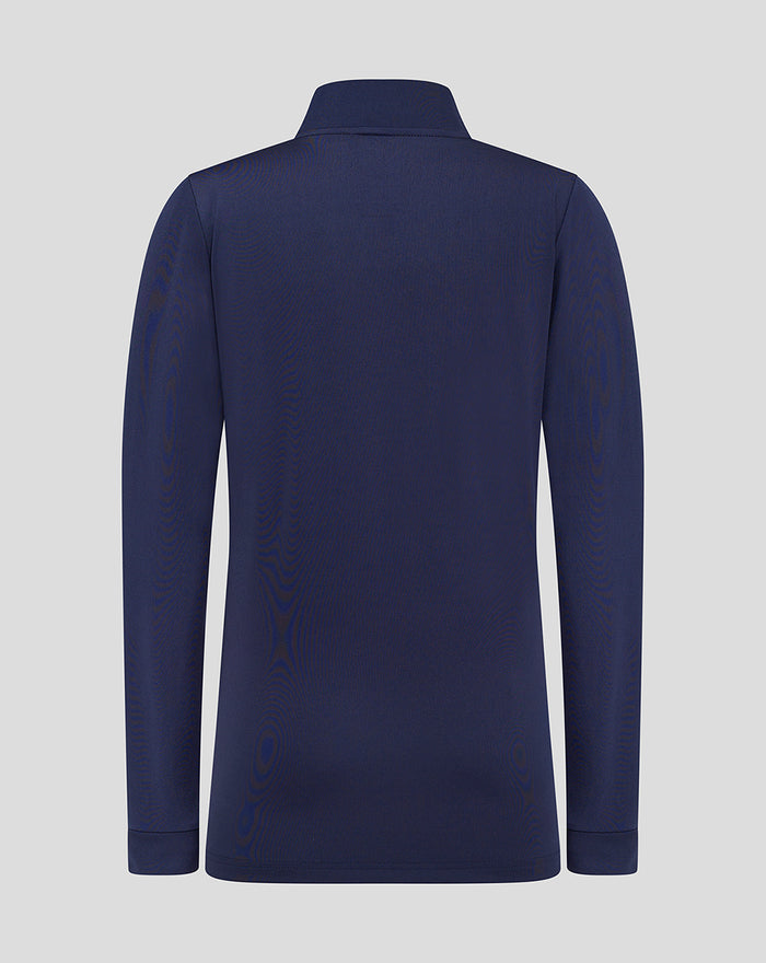 Rear view of navy junior Lancashire quarter zip showing clean design and raised collar.