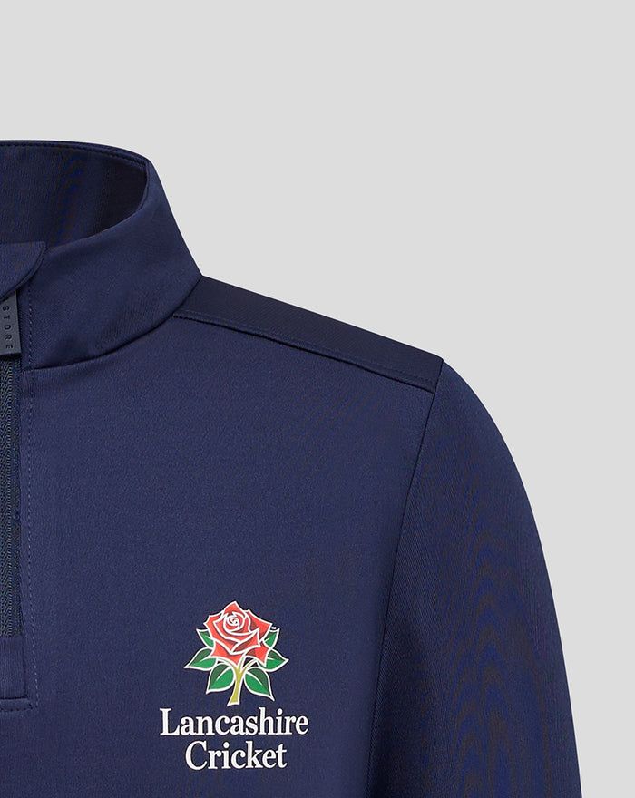 Navy junior Lancashire Cricket quarter zip with crest on the chest