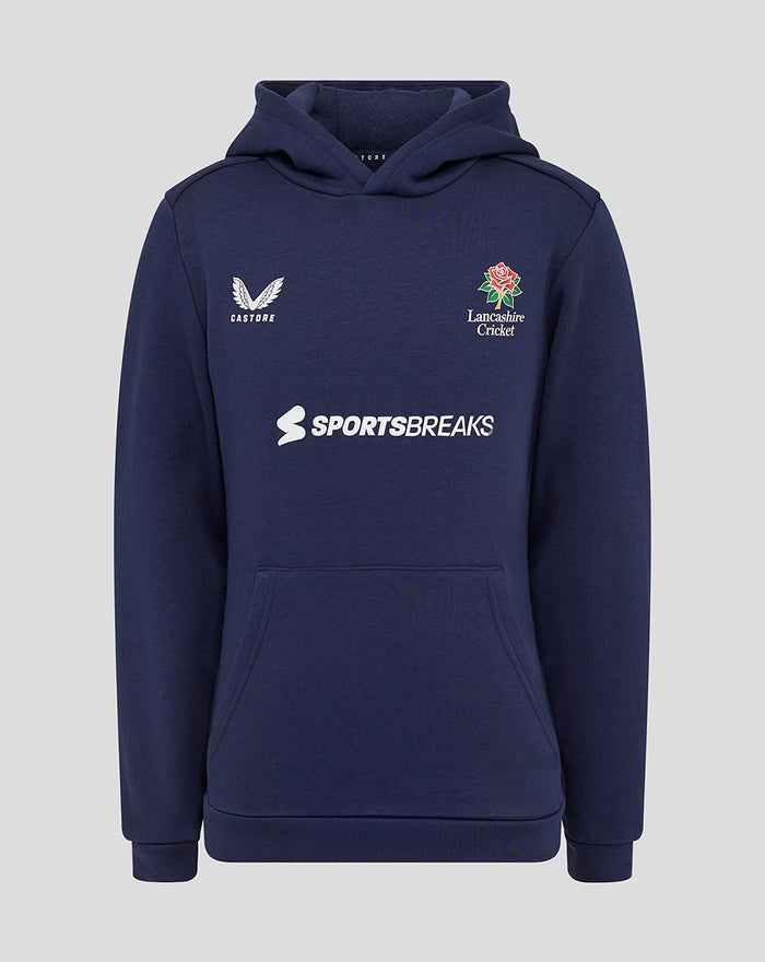 Navy Lancashire Cotton Hoodie with red rose crest on chest and Sportsbreaks branding across front.