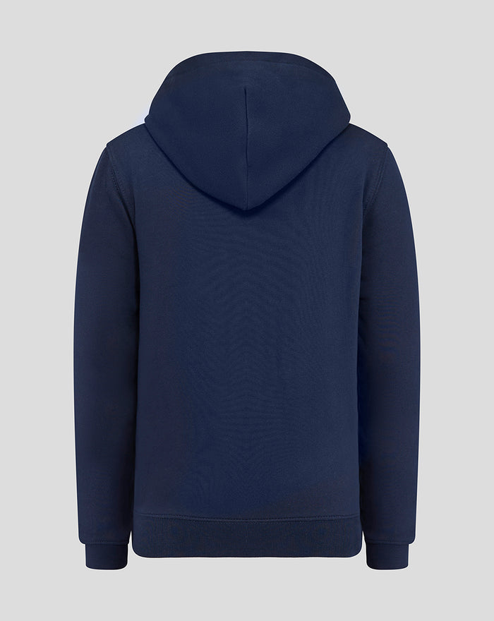 Back view of navy junior Lancashire Cotton Hoodie with hood up.