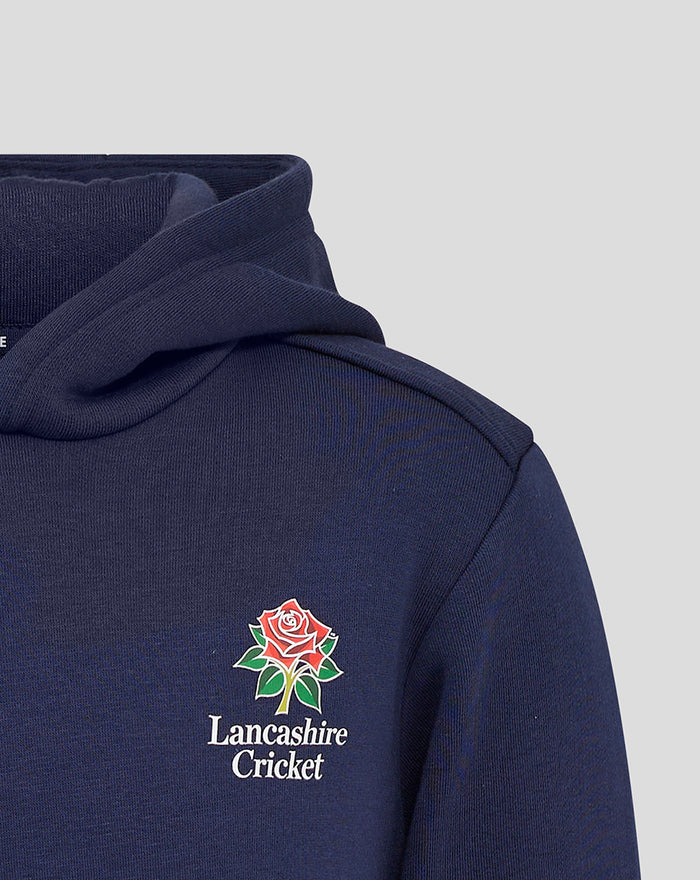 Close up of navy hoodie chest logo featuring Lancashire Cricket rose and text.
