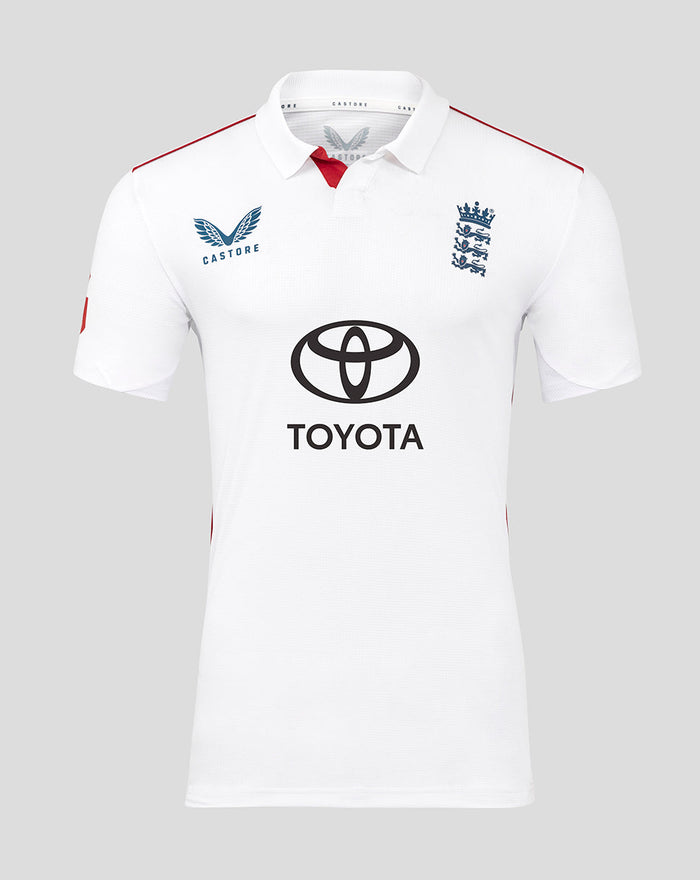 White England cricket polo shirt with Three Lions crest and Toyota sponsor logo