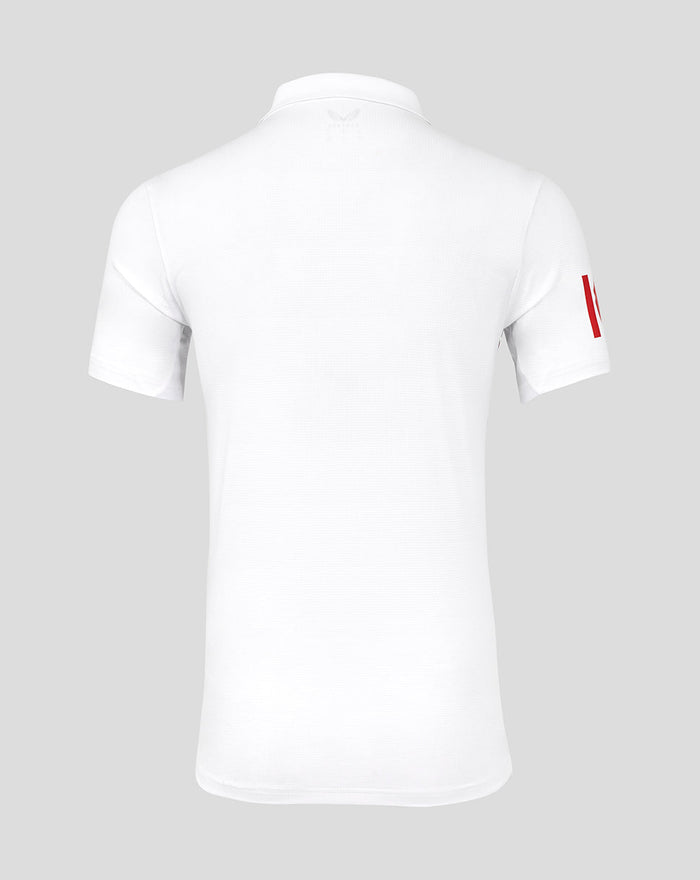 Back view of white England cricket polo shirt showing a faint crest at the neck
