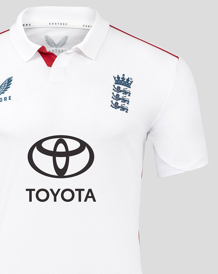 Front close up of white England Test Pro shirt showing England crest and Toyota sponsor logo on chest.
