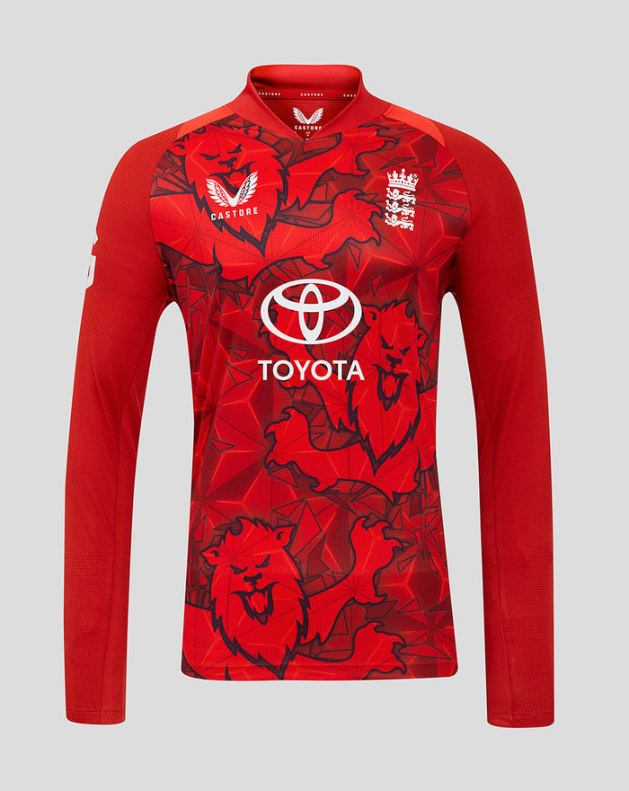 Front view of England cricket red T20 Pro long sleeve shirt with bold lion print and Toyota logo