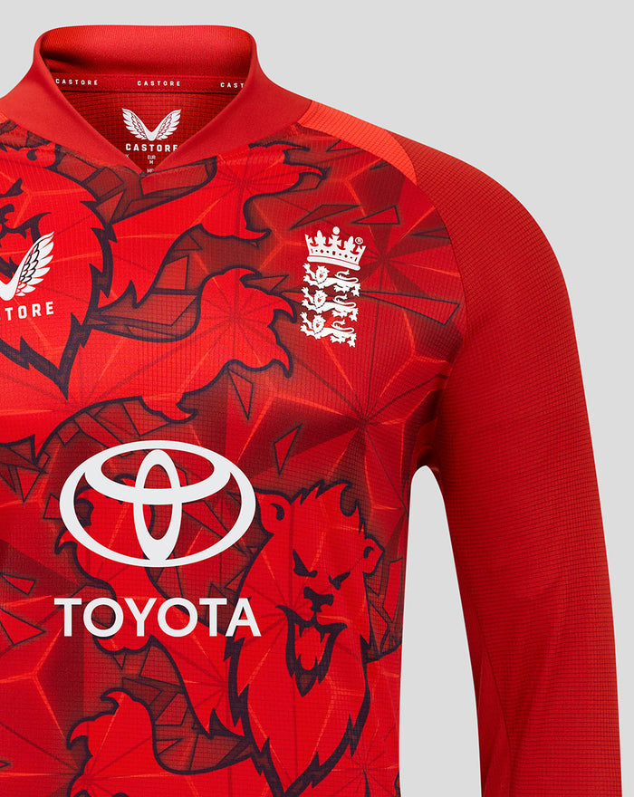 England cricket red T20 Pro Long Sleeve shirt with bold print Three Lions crest and Toyota sponsor logo