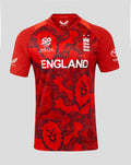 Front view of red England World Cup replica shirt with bold ENGLAND lettering and crest against a graphic background