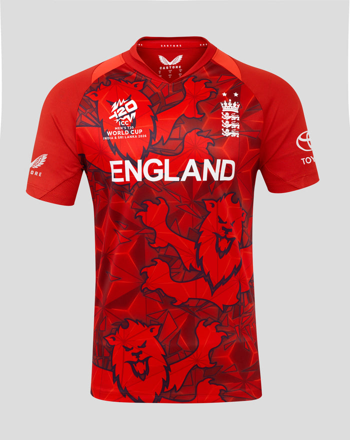 Front view of red England World Cup replica shirt with bold ENGLAND lettering and crest against a graphic background
