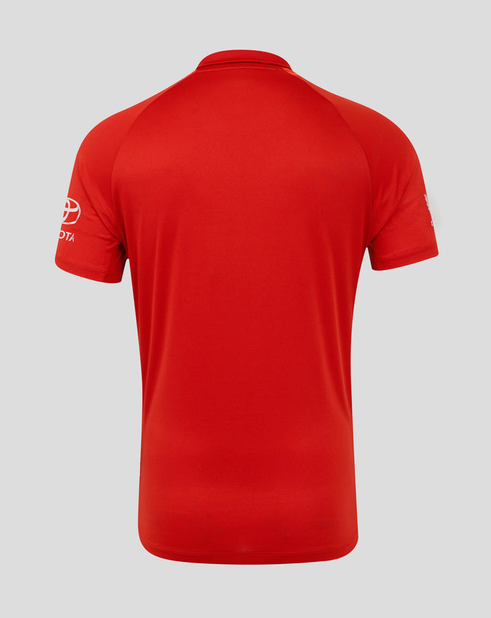 Back view of red replica T20 World Cup shirt with raglan sleeves.