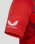 Close up of lower back area on the red World Cup shirt showing Castore branding and wing emblem.