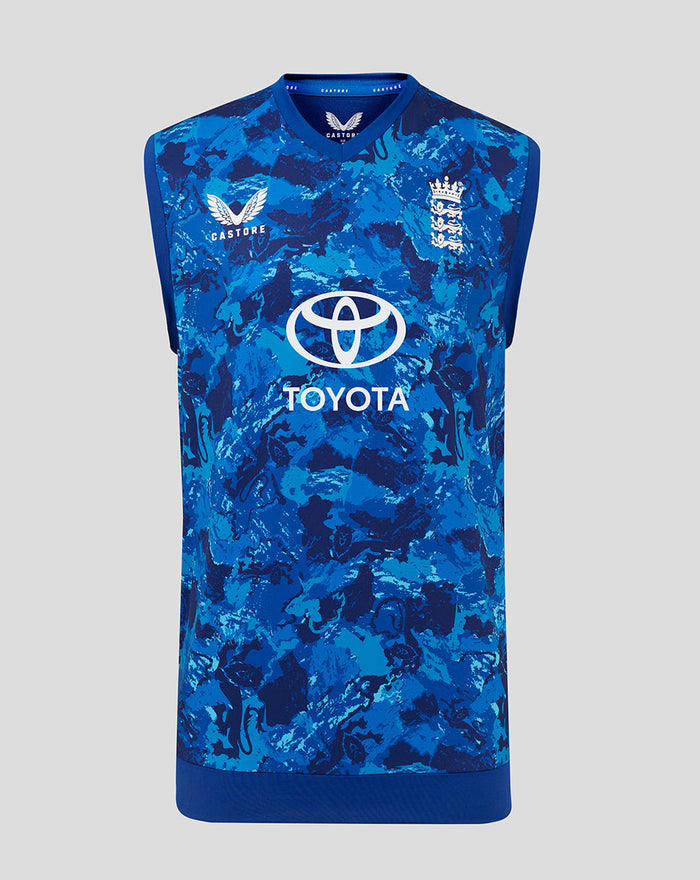 Front view of blue camo England 25/26 ODI sleeveless vest featuring Toyota logo and Castore branding