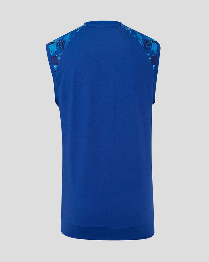 Back view of the blue England 25/26 ODI sleeveless vest with solid body and patterned shoulder panels