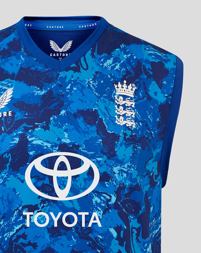 Front view of blue camouflage England cricket vest with England crest on the chest Castore logo and Toyota center logo