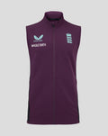 Front view of a purple England cricket training gilet with zip and chest logos
