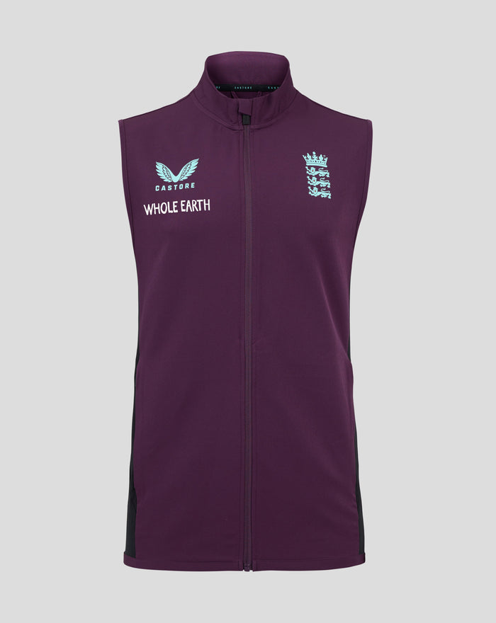 Front view of a purple England cricket training gilet with zip and chest logos