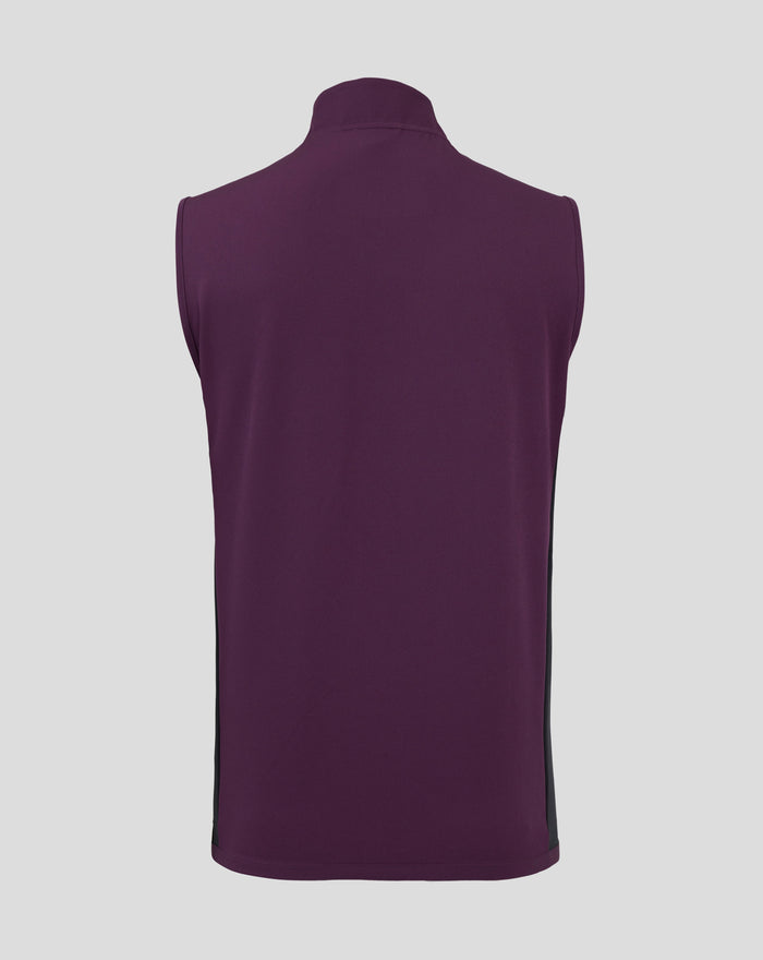 Back view of a purple England cricket training gilet on a display form