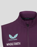 Purple England cricket training gilet collar close up with Castore branding and teal wing logo
