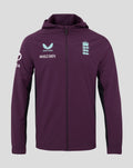 Front view of a purple England cricket rain jacket with hood; blue Castore wing logo and Whole Earth text on the left chest and a crown crest on the right.