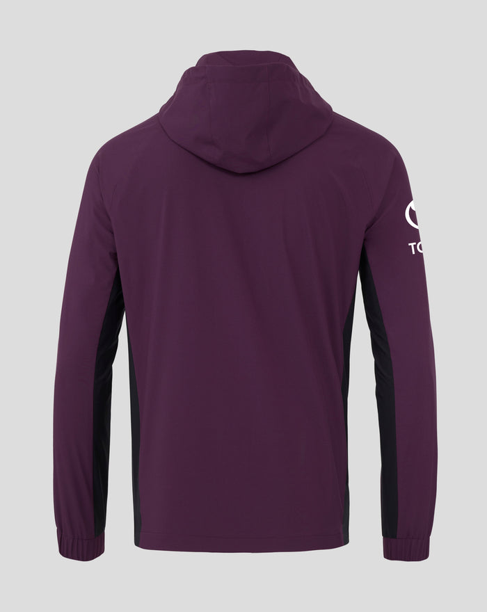 Back view of a men's burgundy England cricket pro training rain jacket with hood