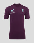 Front view of a purple England Cricket Cotton Training T Shirt with crest on the chest and Whole Earth slogan.