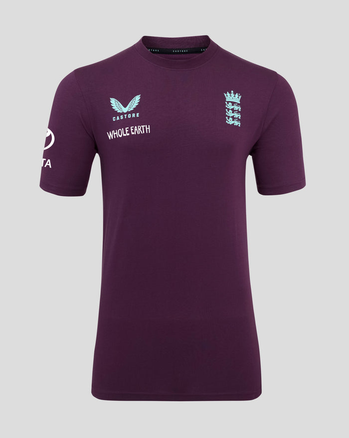 Front view of a purple England Cricket Cotton Training T Shirt with crest on the chest and Whole Earth slogan.