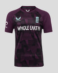 Front view of purple England cricket pro training short sleeve tee with geometric camo pattern and Whole Earth sponsor logo.