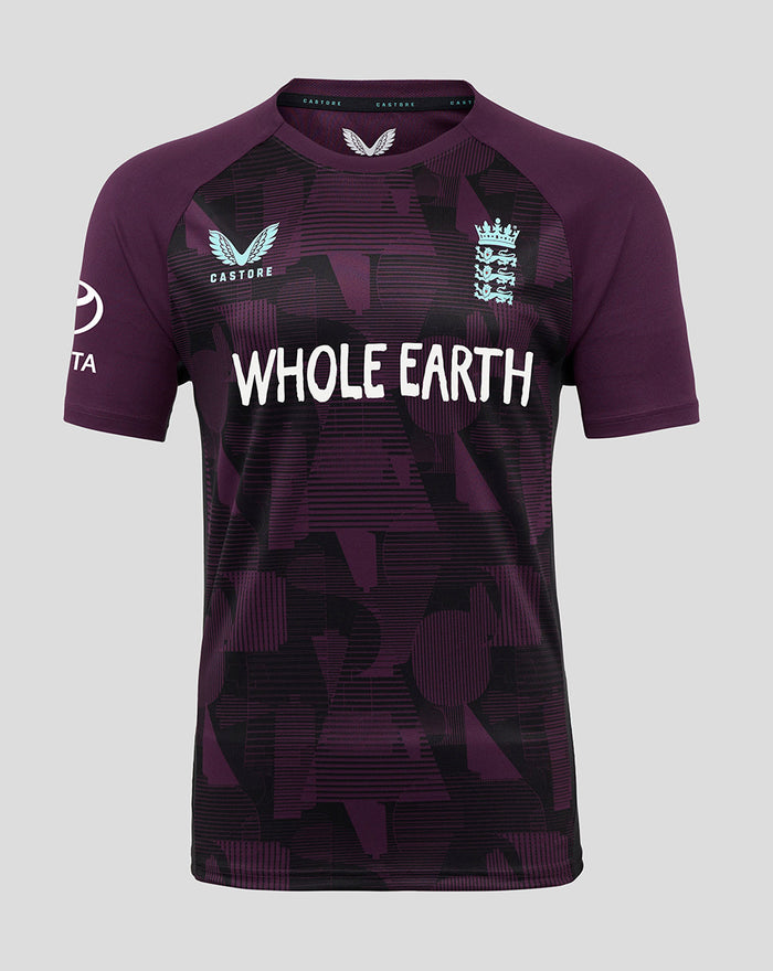 Front view of purple England cricket pro training short sleeve tee with geometric camo pattern and Whole Earth sponsor logo.