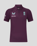 Maroon England cricket polo with light blue crest on the chest and Whole Earth branding on the front