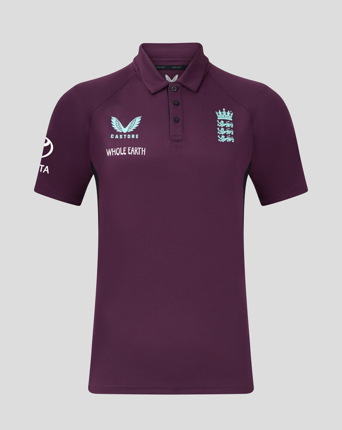 Maroon England cricket polo with light blue crest on the chest and Whole Earth branding on the front