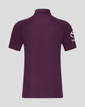 Back view of burgundy England cricket polo with short sleeves and a white circular logo on the right sleeve