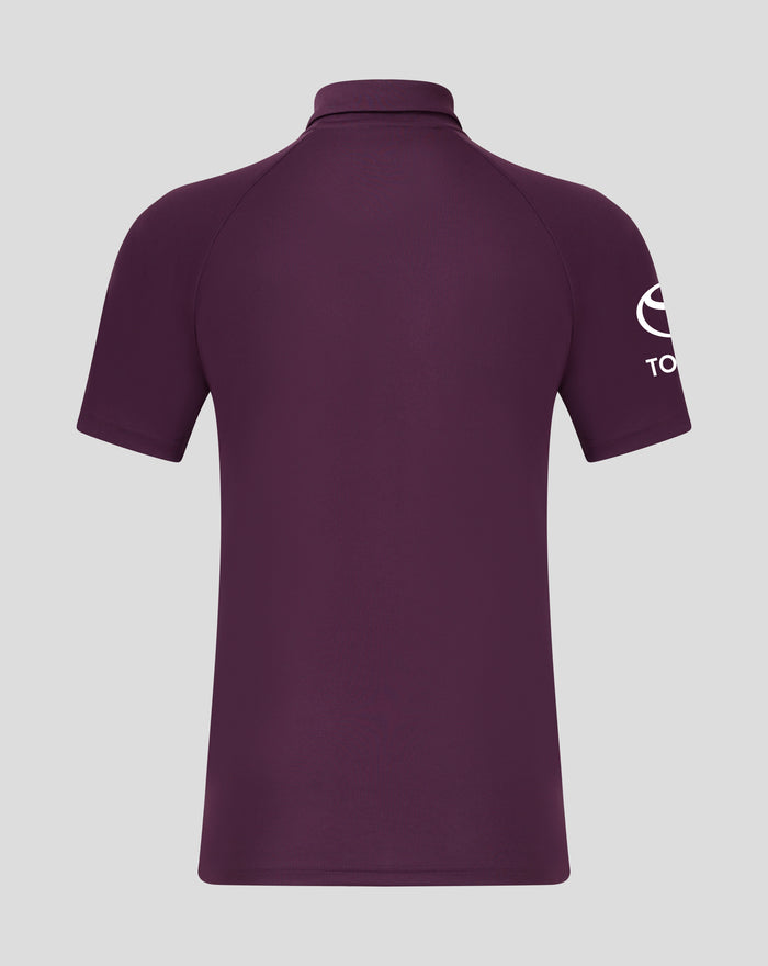 Back view of burgundy England cricket polo with short sleeves and a white circular logo on the right sleeve