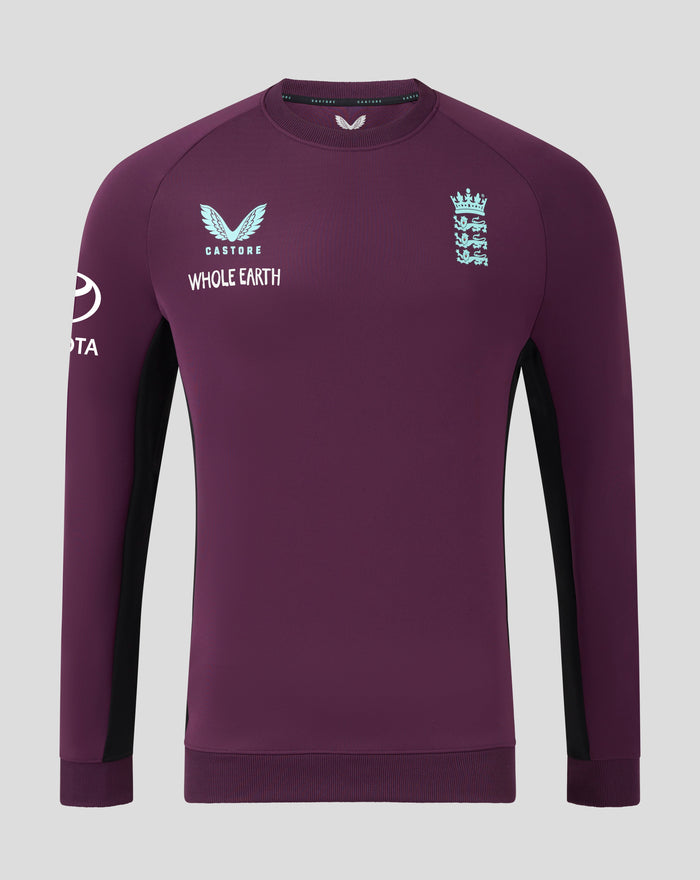 Front view of maroon England cricket sweatshirt with Castore wing logo and England crest