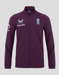 Front view of blackberry England cricket Anthem jacket with zip and multiple chest logos including a blue Castore wing and a crown emblem