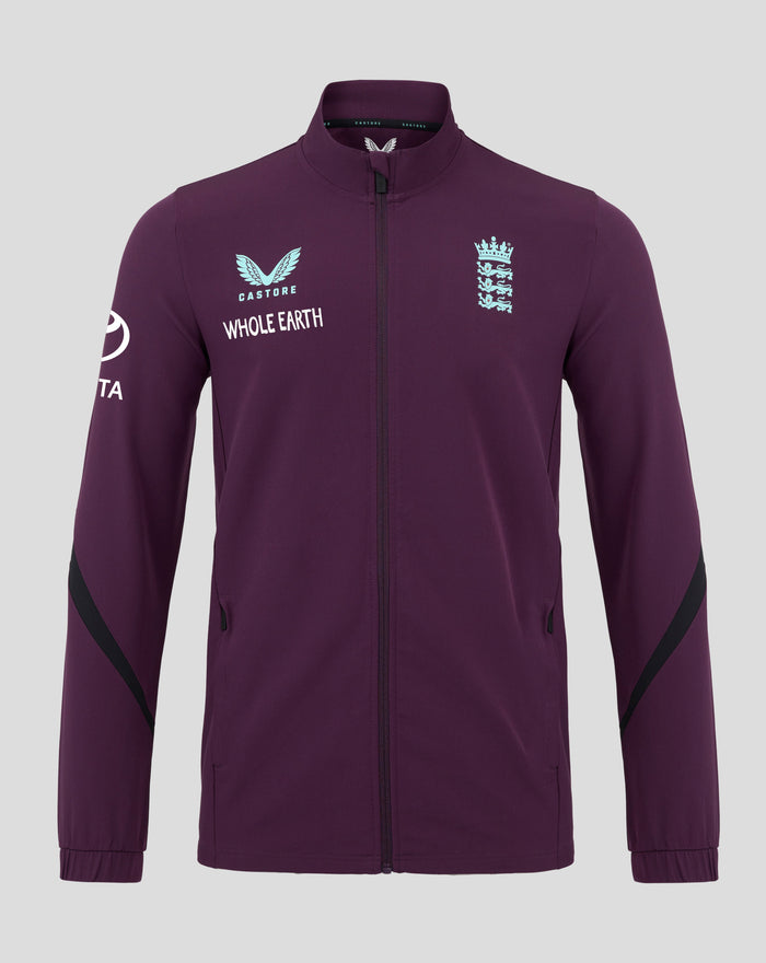 Front view of blackberry England cricket Anthem jacket with zip and multiple chest logos including a blue Castore wing and a crown emblem