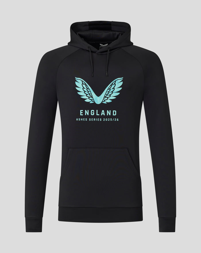 Front view of black hoodie with turquoise wing logo and England Ashes Series 2025/26 text on chest