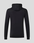 Back view of black hoodie with hood up