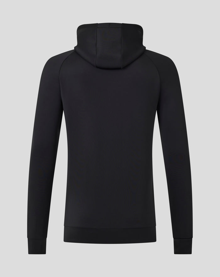 Back view of black hoodie with hood up