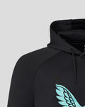 Close up of black hoodie showing turquoise wing graphic on the chest area