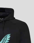 Close-up of black ECB Ashes Pro Lock Up hoodie with a teal wing logo on the chest