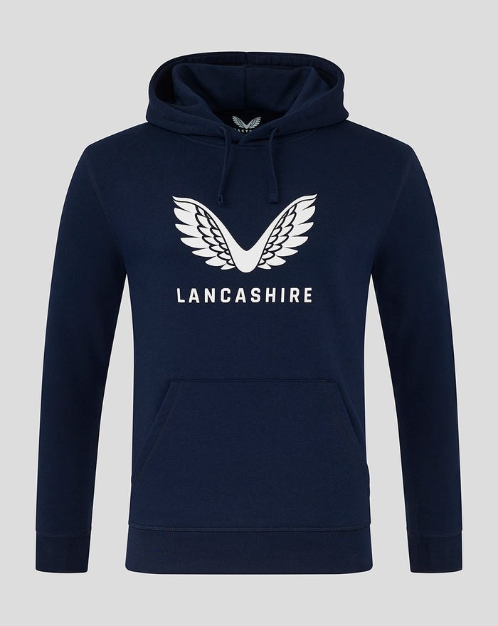 Navy Lancashire Large Logo Hoodie with white wing emblem and Lancashire text on chest