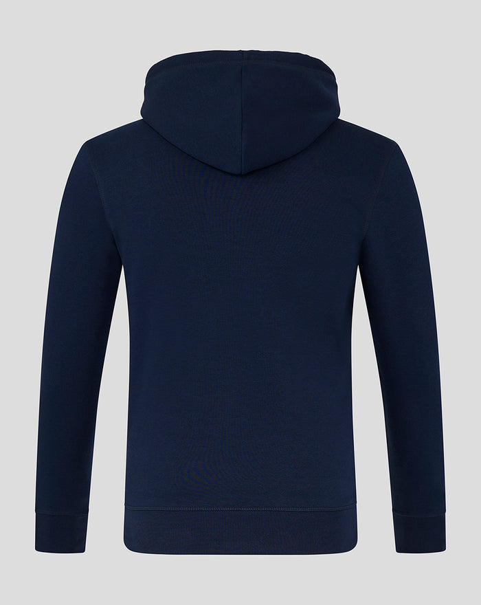 Back view of navy Lancashire Large Logo Hoodie with attached hood