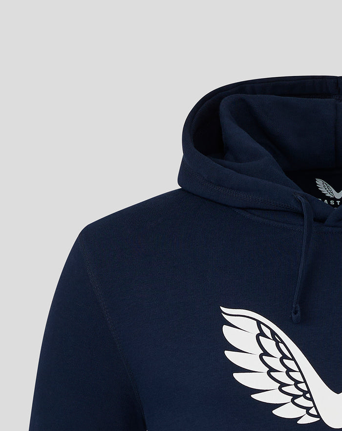 Close up of navy hoodie showing partial white wing logo and drawstring hood