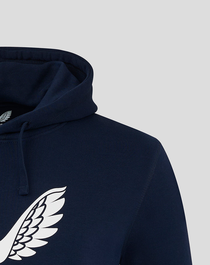 Navy Lancashire hoodie with white wing logo on the chest and a drawstring hood