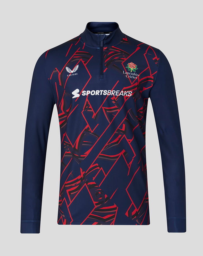 Front view of navy quarter zip with red geometric pattern, showing Castore logo, Sportsbreaks and Lancashire Cricket crest.
