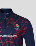 Navy peacoat quarter zip with geometric red pattern and Lancashire Cricket crest.