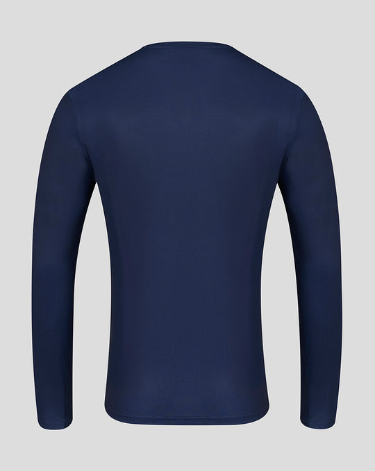 Back view of navy long sleeve training top with plain smooth fabric.