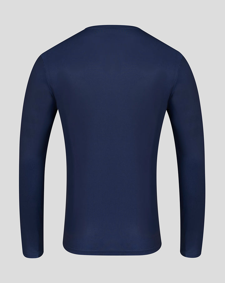 Back view of navy long sleeve training top with plain smooth fabric.