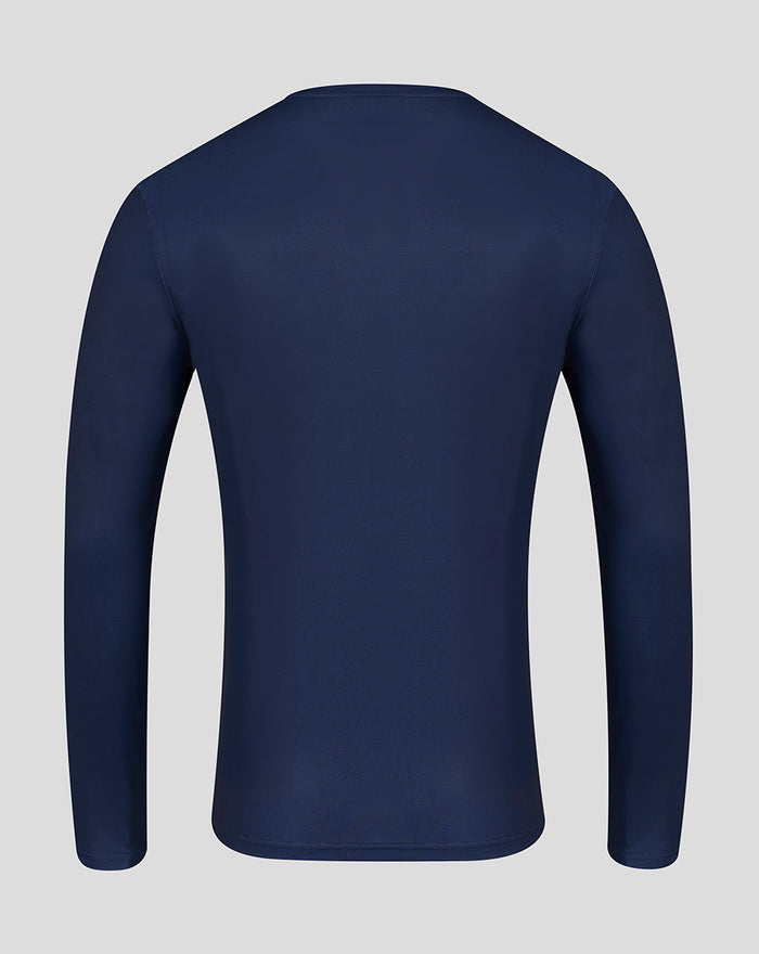 Back view of navy long sleeve training top with plain smooth fabric.