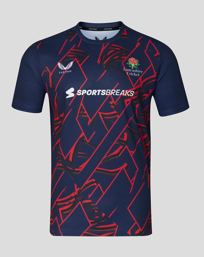Navy short sleeve performance T shirt with red geometric pattern and Lancashire Cricket crest along with Sportsbreaks branding