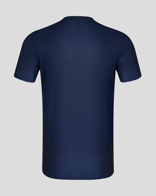 Back view of navy Peacoat men's short sleeve performance T-shirt with a smooth athletic fabric